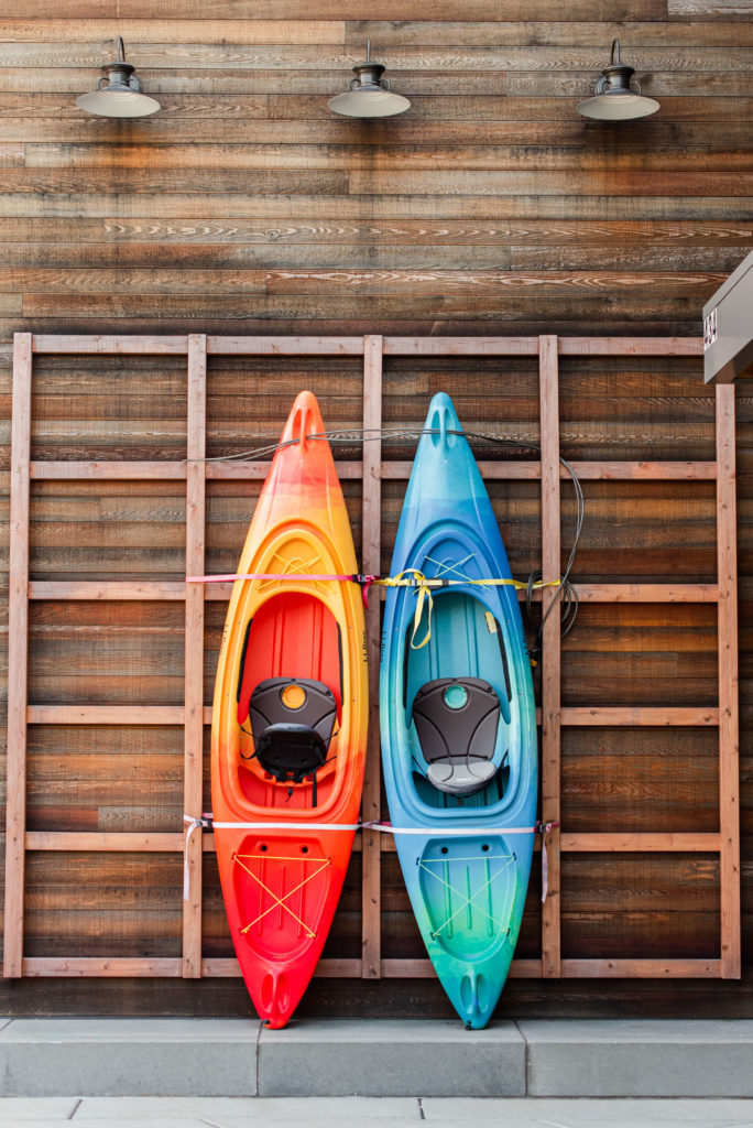kayaks are on display outside at the hilldale shopping center in madison, wi