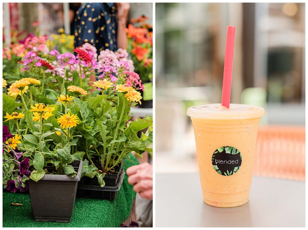 flowers and a smoothie on display in the summer in madison, wi